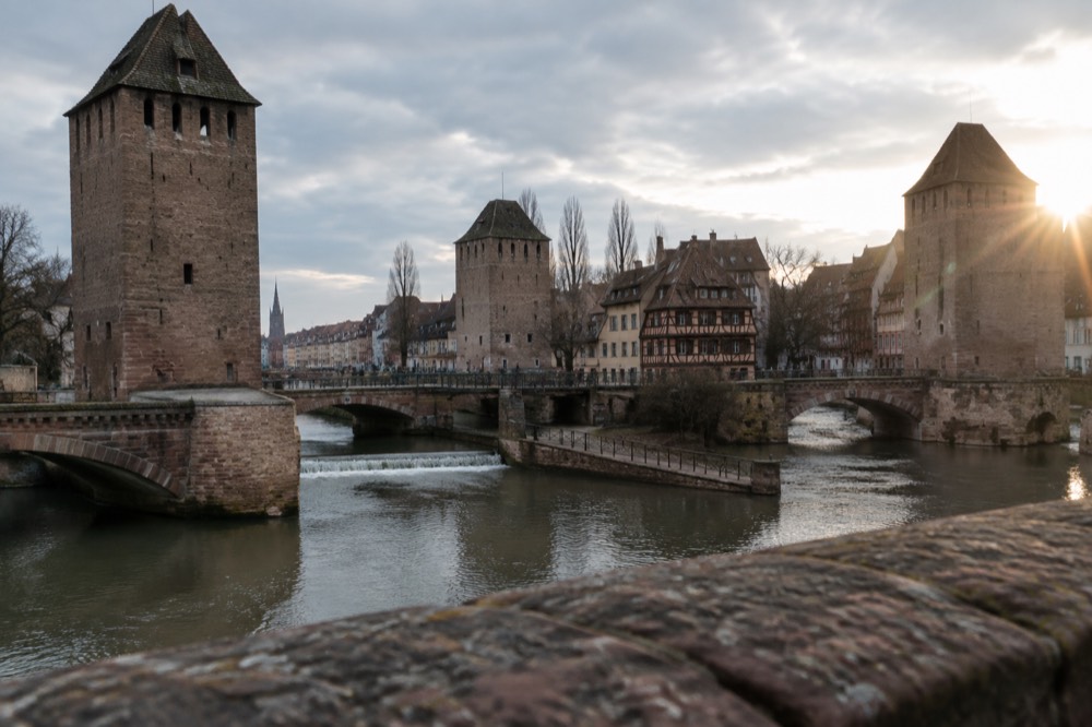 Weirs and footbridges over the split channels of the River Ill beneath the Ponts Couverts