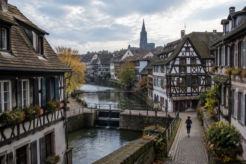 Rooftops of half-timbered houses in Petite France seen from a high terrace, with Strasbourg Cathedral in the distance