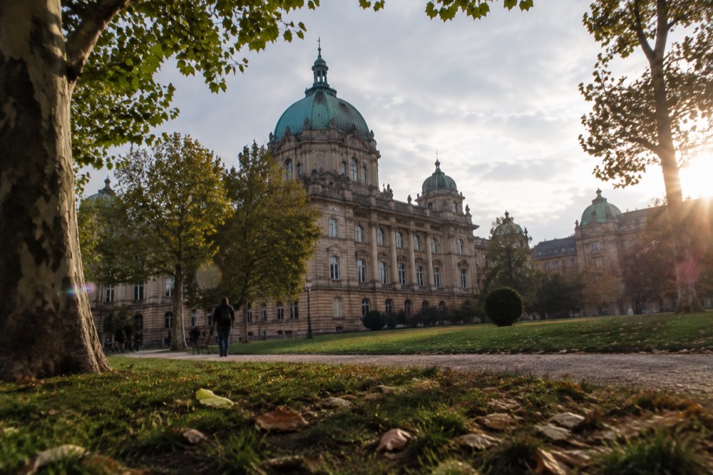 The ornate stone facade of a grand palace building with domed towers, seen across a park lawn