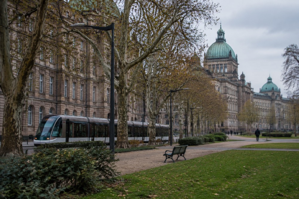 A modern tram passing along a tree-lined avenue beside grand stone buildings