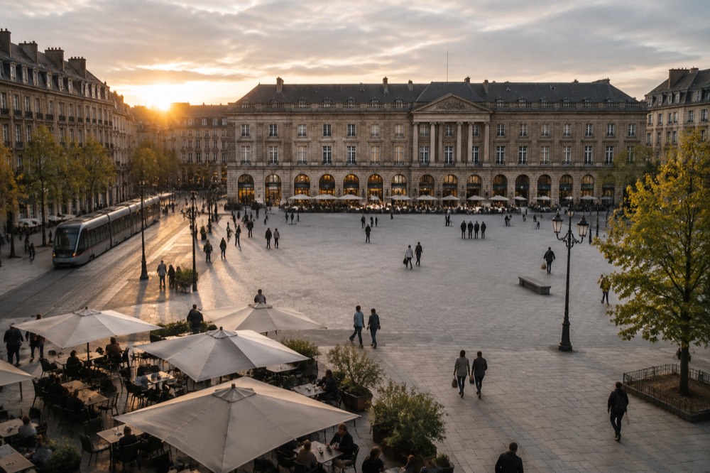 The neoclassical facade of the Aubette building stretching across Place Kleber, with outdoor cafe seating in the foreground