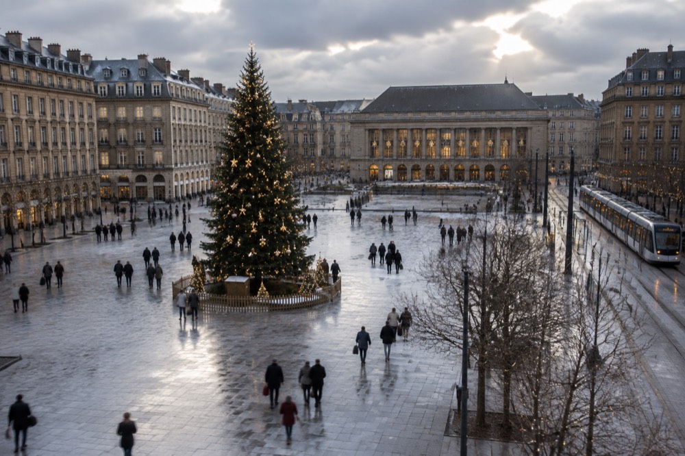 The Grand Sapin Christmas tree illuminated at night in Place Kleber, with the Aubette building in the background and festive lights