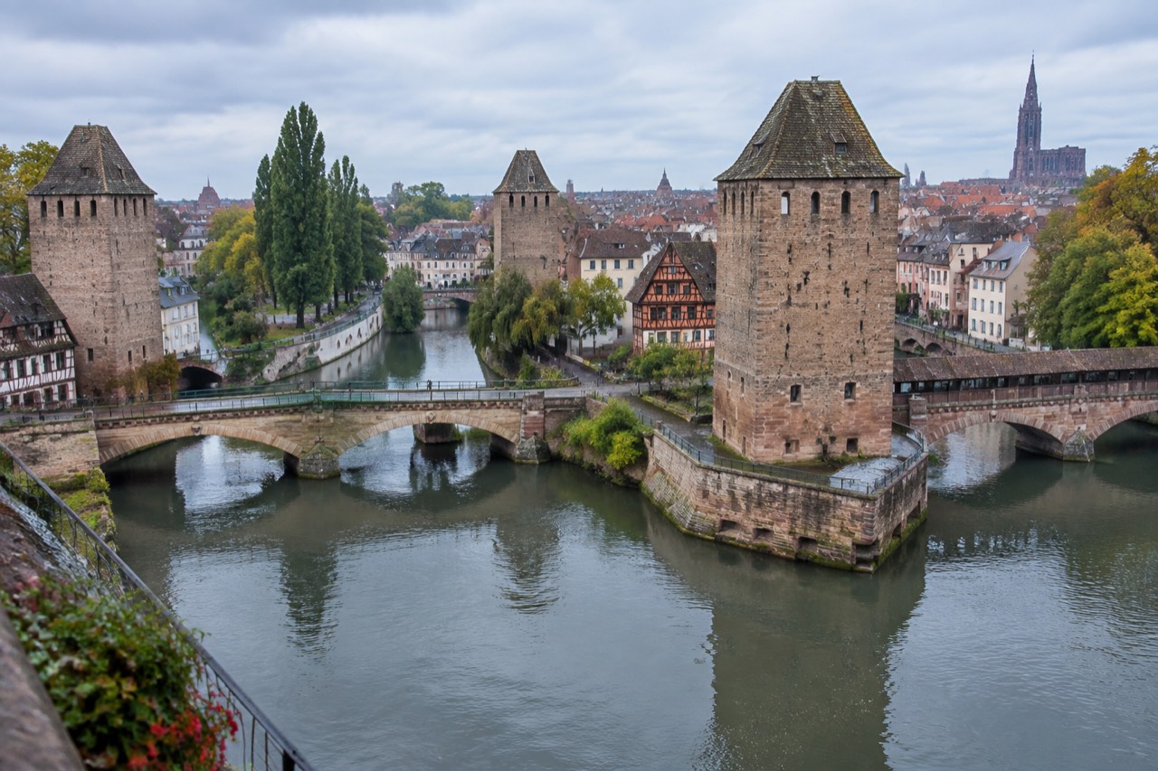 Covered bridges and square towers over the River Ill in Strasbourg