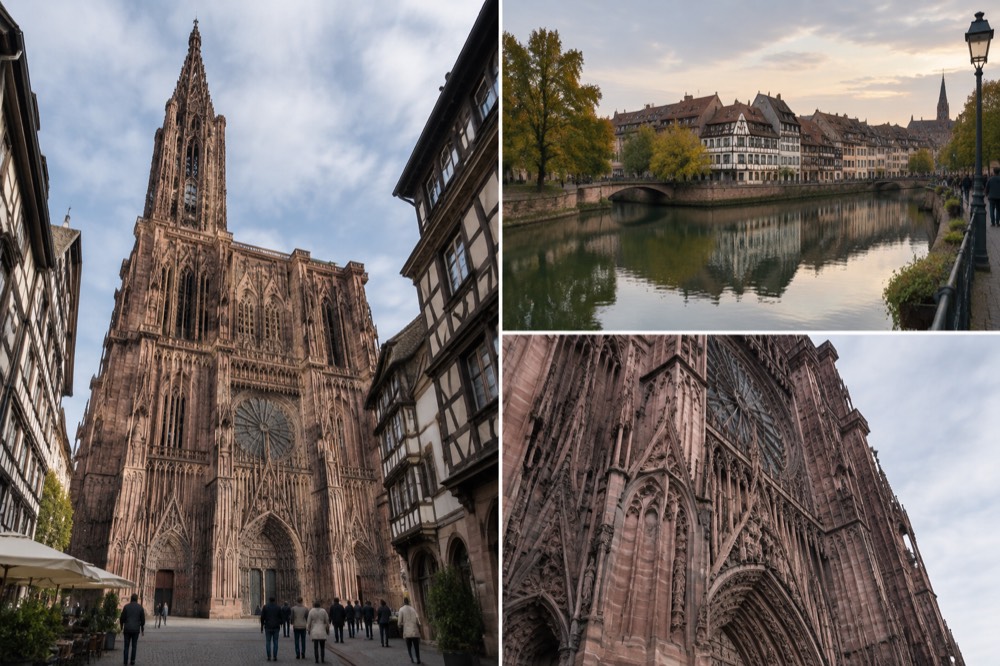 Riverside walk in Strasbourg in soft evening light with the river reflecting old rooftops