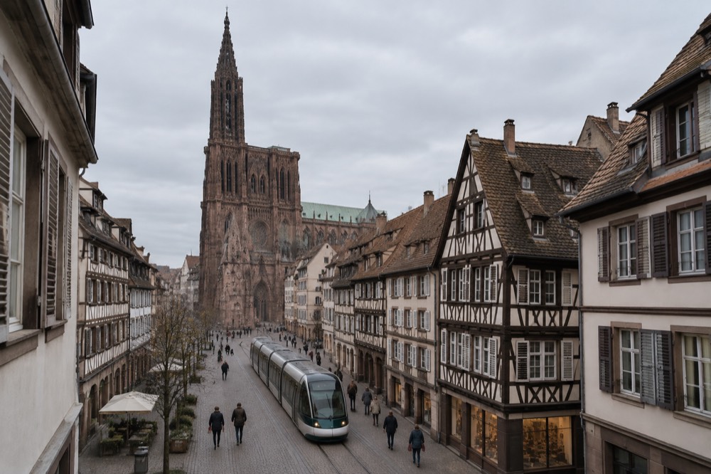 Tram passing through a pedestrianised old-town street with a cathedral spire in the distance