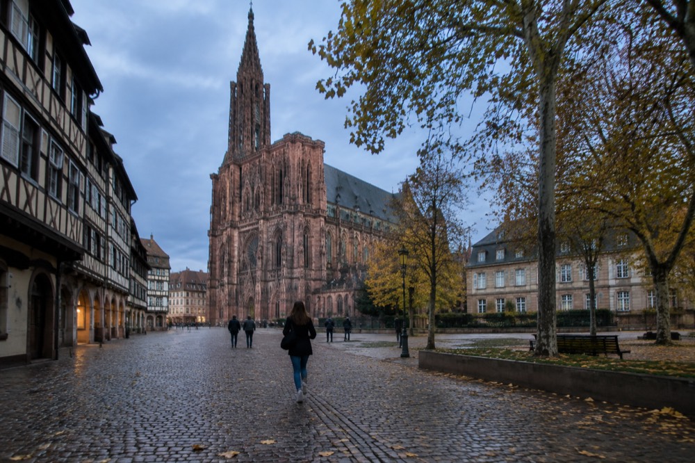 Autumn plane trees and a museum villa seen across a quiet Strasbourg square