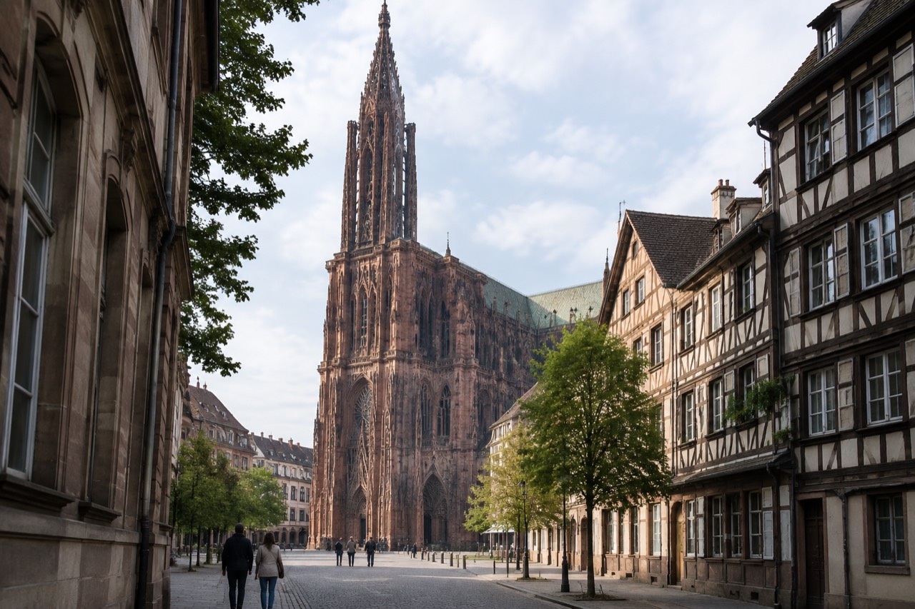 Elegant villa facade with tall windows and trees along a quiet Strasbourg street