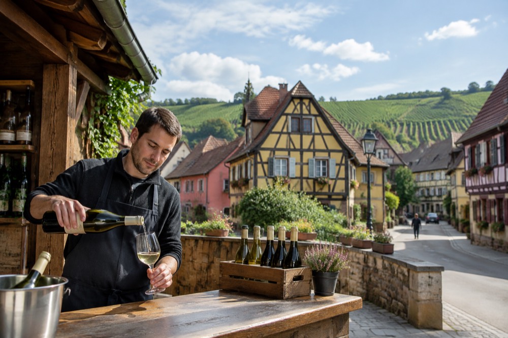 Winemaker pouring a glass of white wine behind a cellar counter