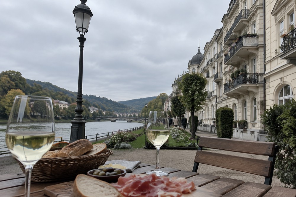 A wooden table set with regional breads, cured ham and glasses of white wine