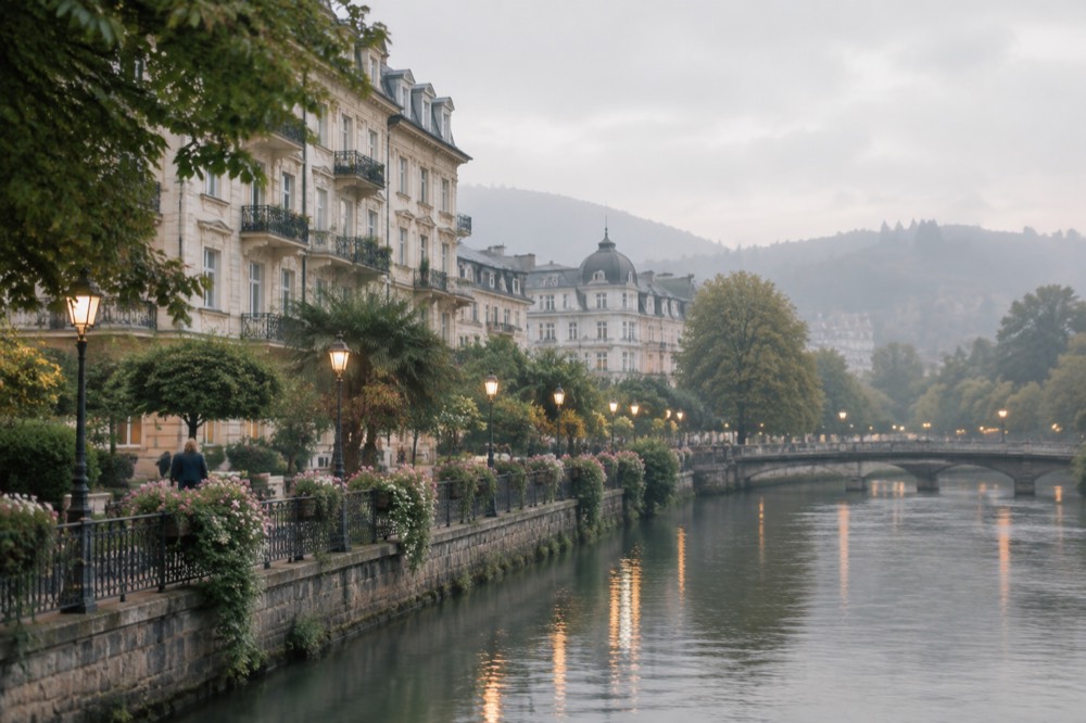 Evening light on a riverside promenade with lamps reflected in still water
