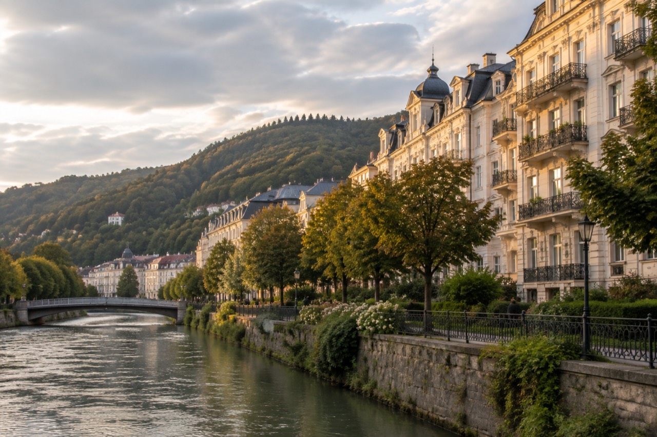 Tree-lined avenue and grand facades of a German spa town beneath wooded hills