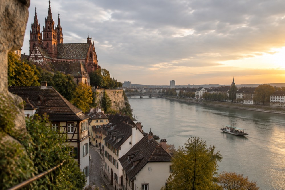 A small cable ferry crossing the Rhine between the old town and the far bank of Basel