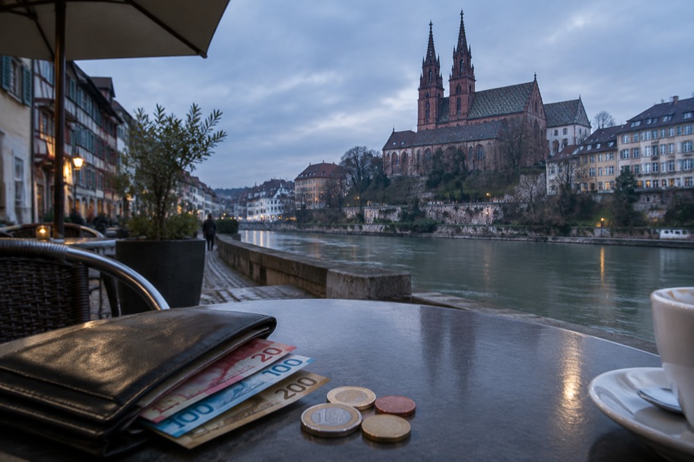 A wallet holding Swiss franc banknotes beside euro coins on a cafe table