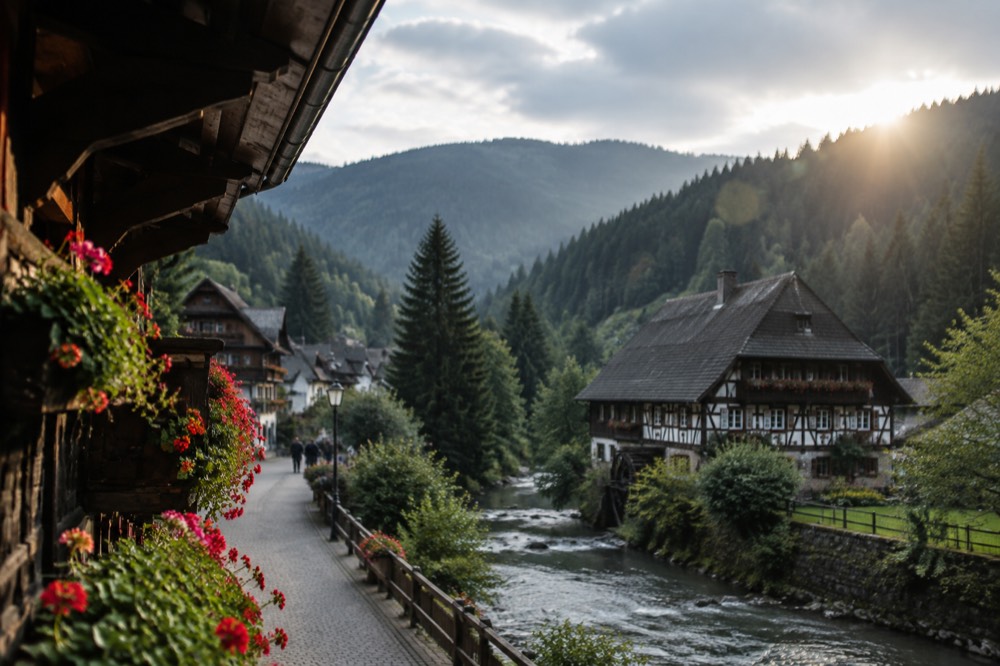 Village street with traditional wooden balconies and flower boxes under forest slopes