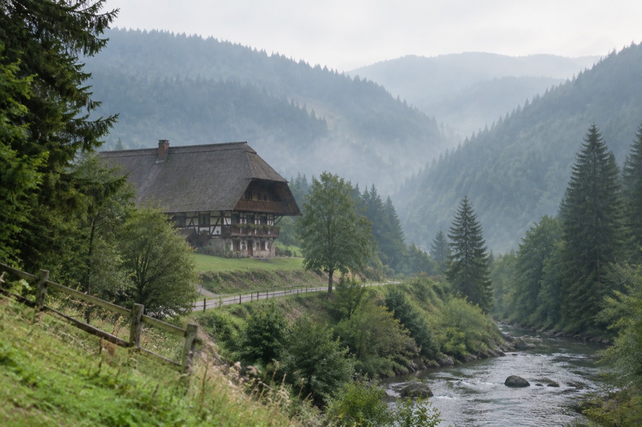 Dense fir forest hills rising above a misty valley in the Black Forest