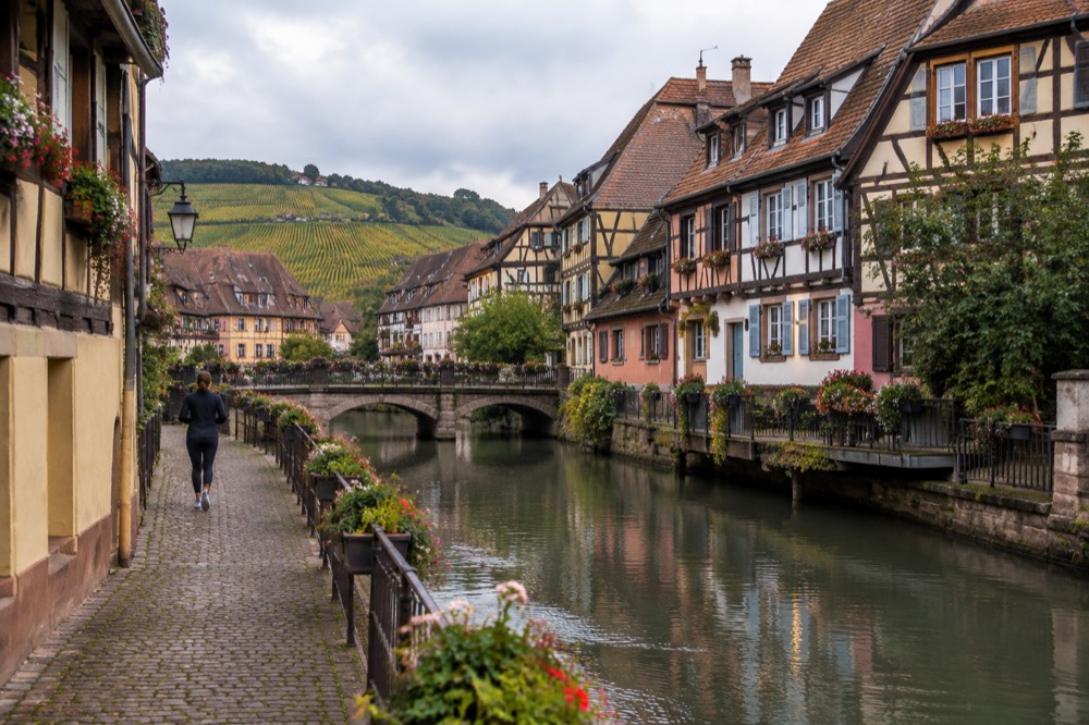 Vineyard-covered hillsides above a small Alsatian wine village near Colmar