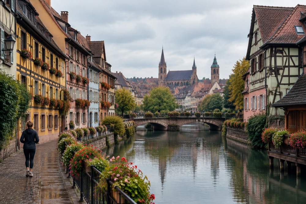 View over Colmar rooftops and church spires from a high vantage point