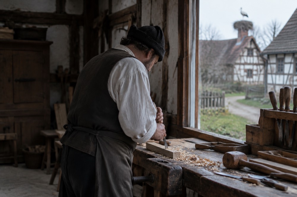 A craftsman in period clothing working at a wooden bench inside a rustic workshop