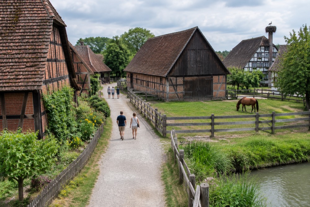 A gravel lane running between timbered barns and fenced paddocks under a summer sky