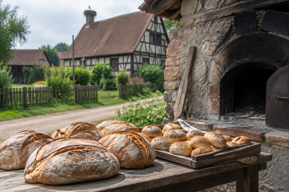 Fresh loaves and bread rolls laid on a wooden table beside a stone bread oven