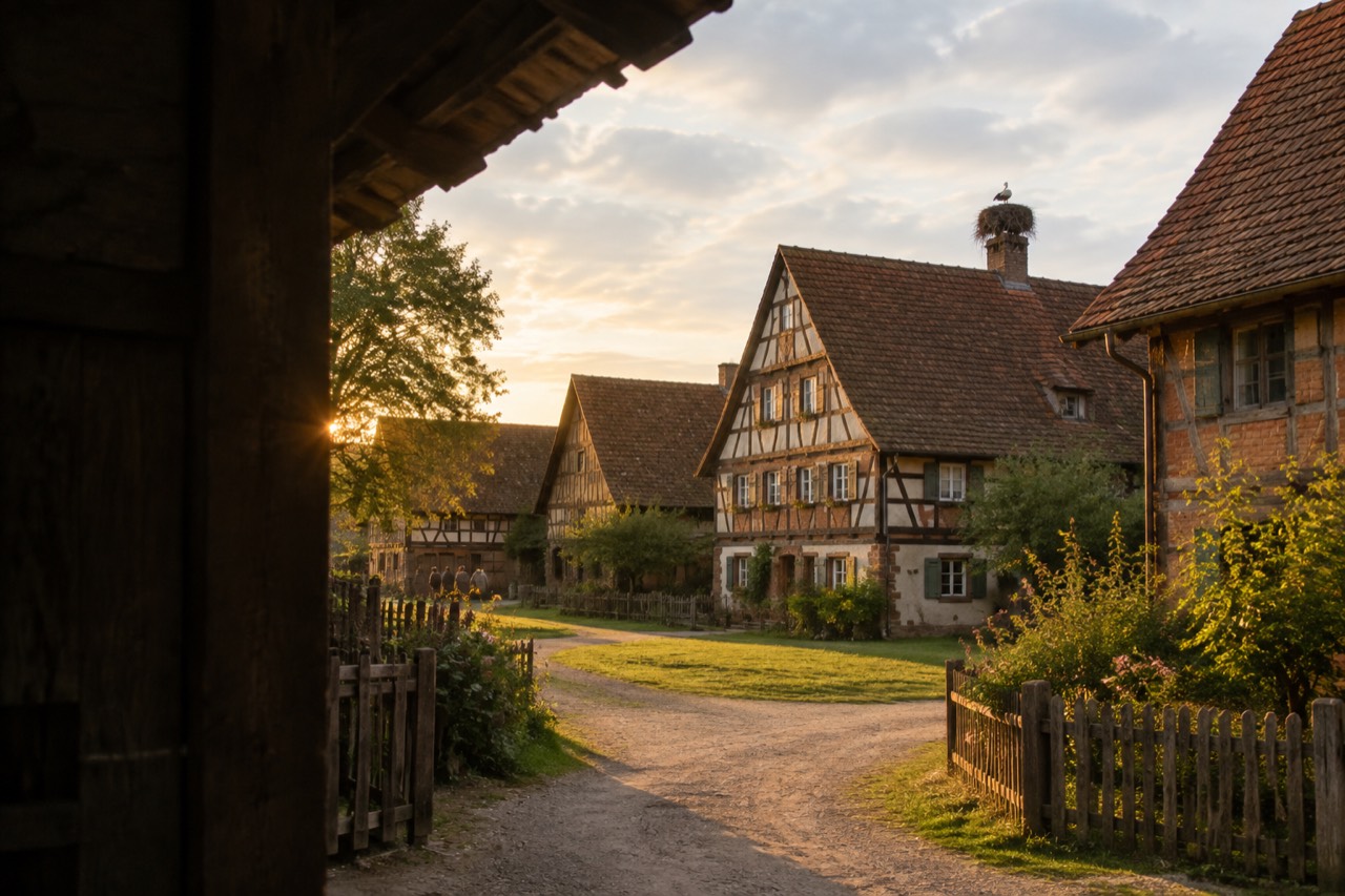 Half-timbered Alsatian farmhouses with steep roofs gathered around a village green at an open-air museum