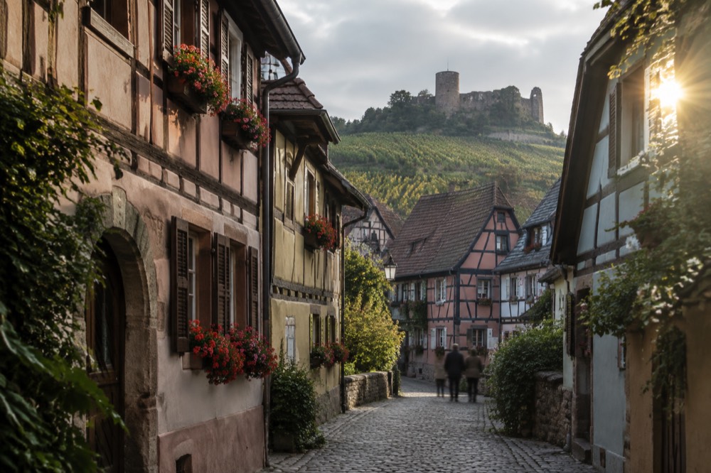 Cobbled lane between half-timbered houses in Eguisheim