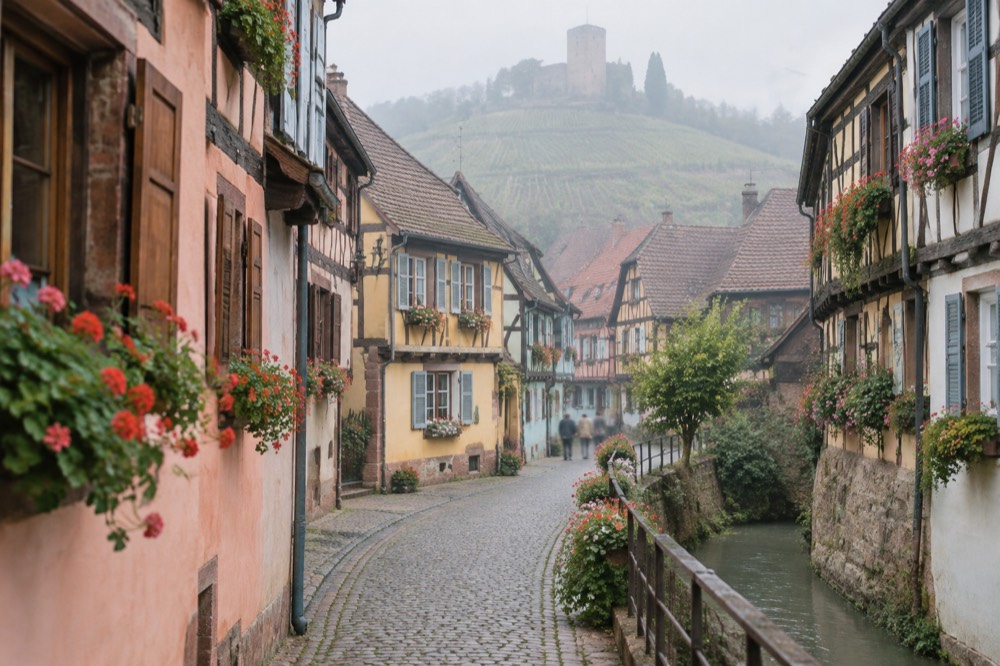 Colourful painted half-timbered houses along a curved lane in Eguisheim