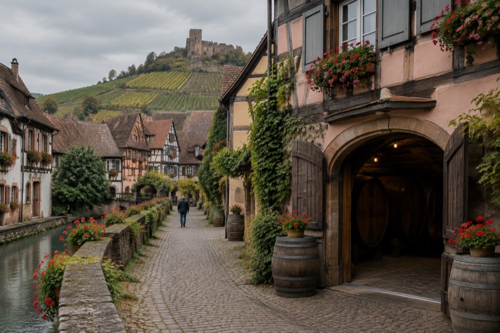 Wine cellar doorway with barrels in an Alsatian village