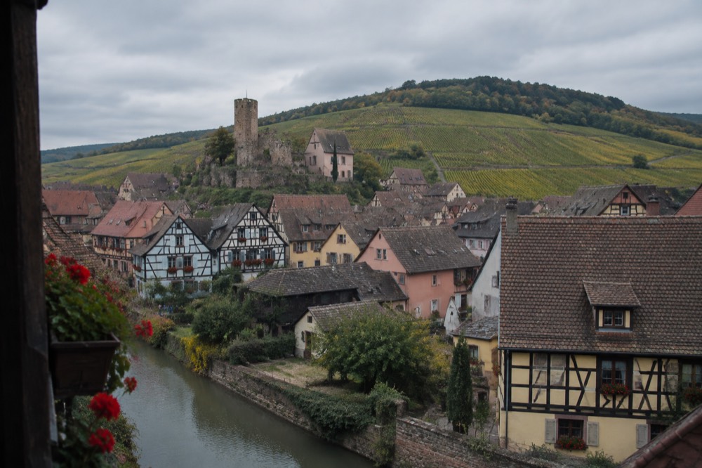 View over the rooftops of Eguisheim towards the surrounding vineyards