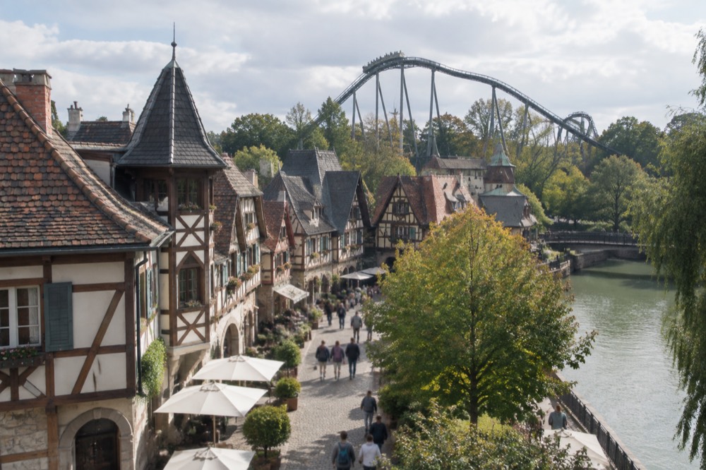 Timber-framed facades of a European village street inside a theme park