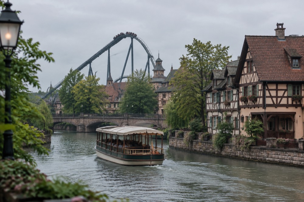 River boat passing half-timbered houses along a city waterway