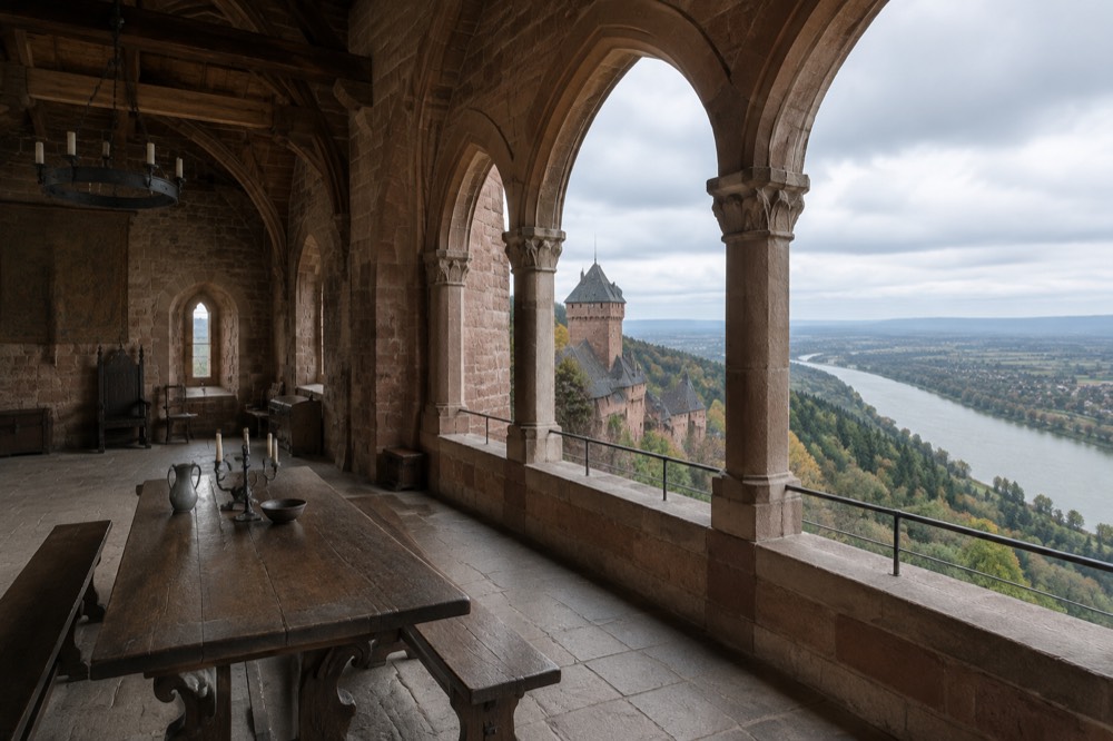 A vaulted stone hall inside the castle with wooden beams and period furnishings