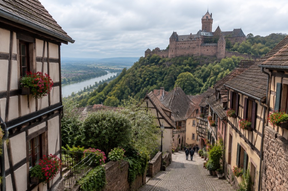 A half-timbered wine village street with flower boxes beneath a hillside castle