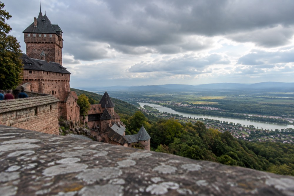 The castle terrace panorama over the plain of Alsace towards distant hills