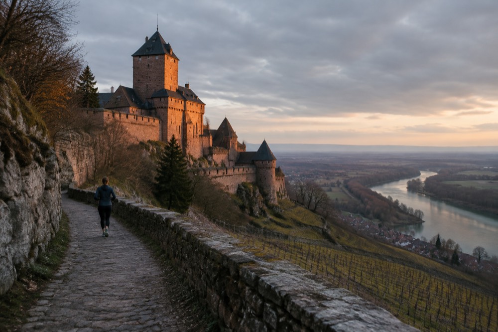 Evening light on castle towers above the vineyards of the Alsace plain