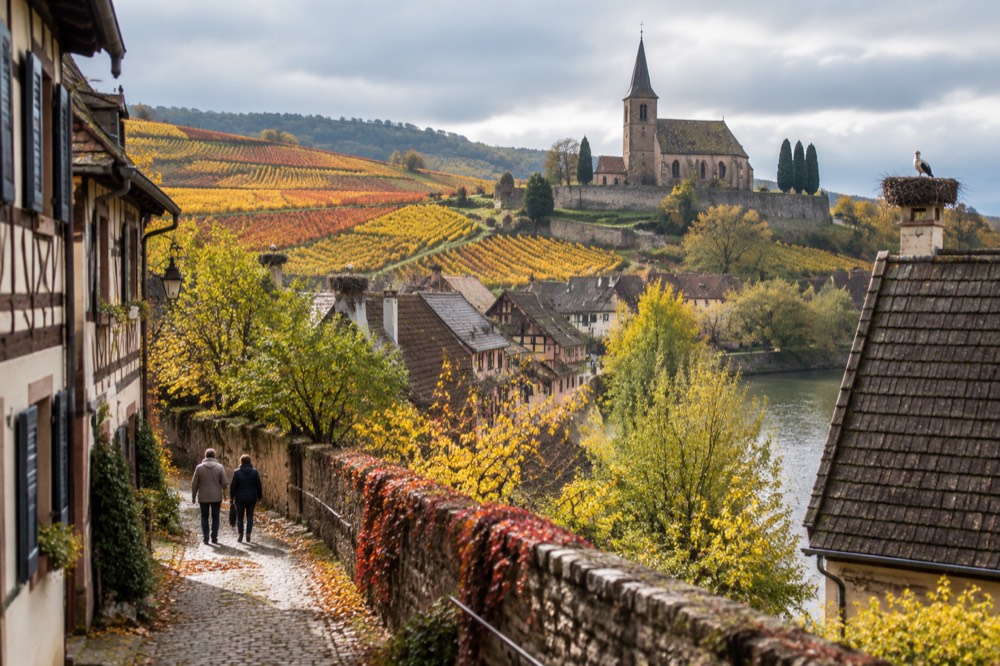 Autumn vineyard rows turning gold and red on a hillside above a village roofline