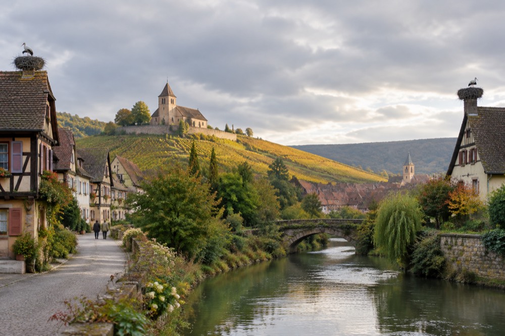 Golden late-afternoon light on vineyard slopes and a distant village tower