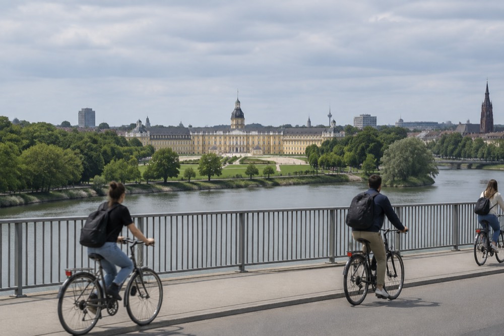 Cyclists crossing a bridge over a calm river with a city skyline behind them