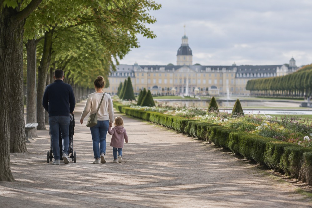 A family walking along a tree-lined garden path with a palace visible in the distance