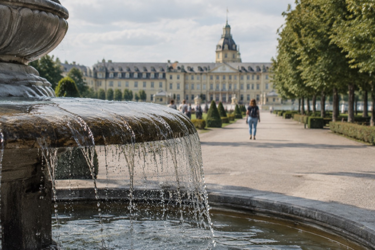 A wide German city square with a stone palace facade and tree-lined avenues under a clear sky