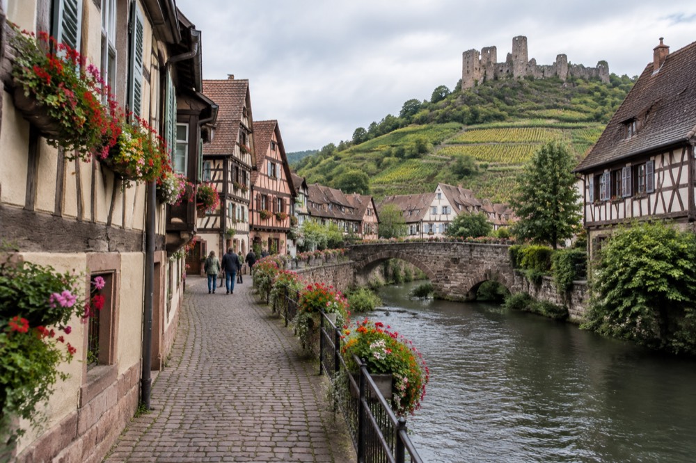 Cobbled lane between painted half-timbered houses in an Alsatian wine village