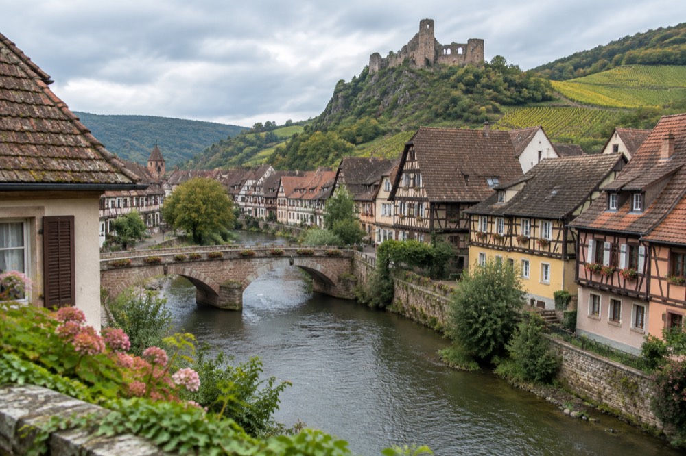 A hilltop castle ruin above the rooftops of a wine village with vineyards beyond