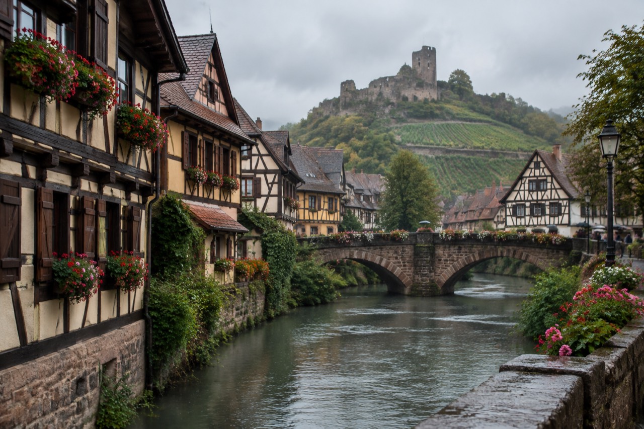 Half-timbered Alsatian houses with flower boxes beside a stream in a wine village street
