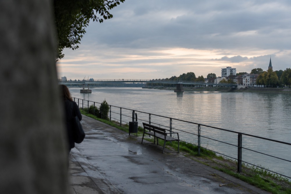Quiet river landscape at dusk with the far bank in soft light
