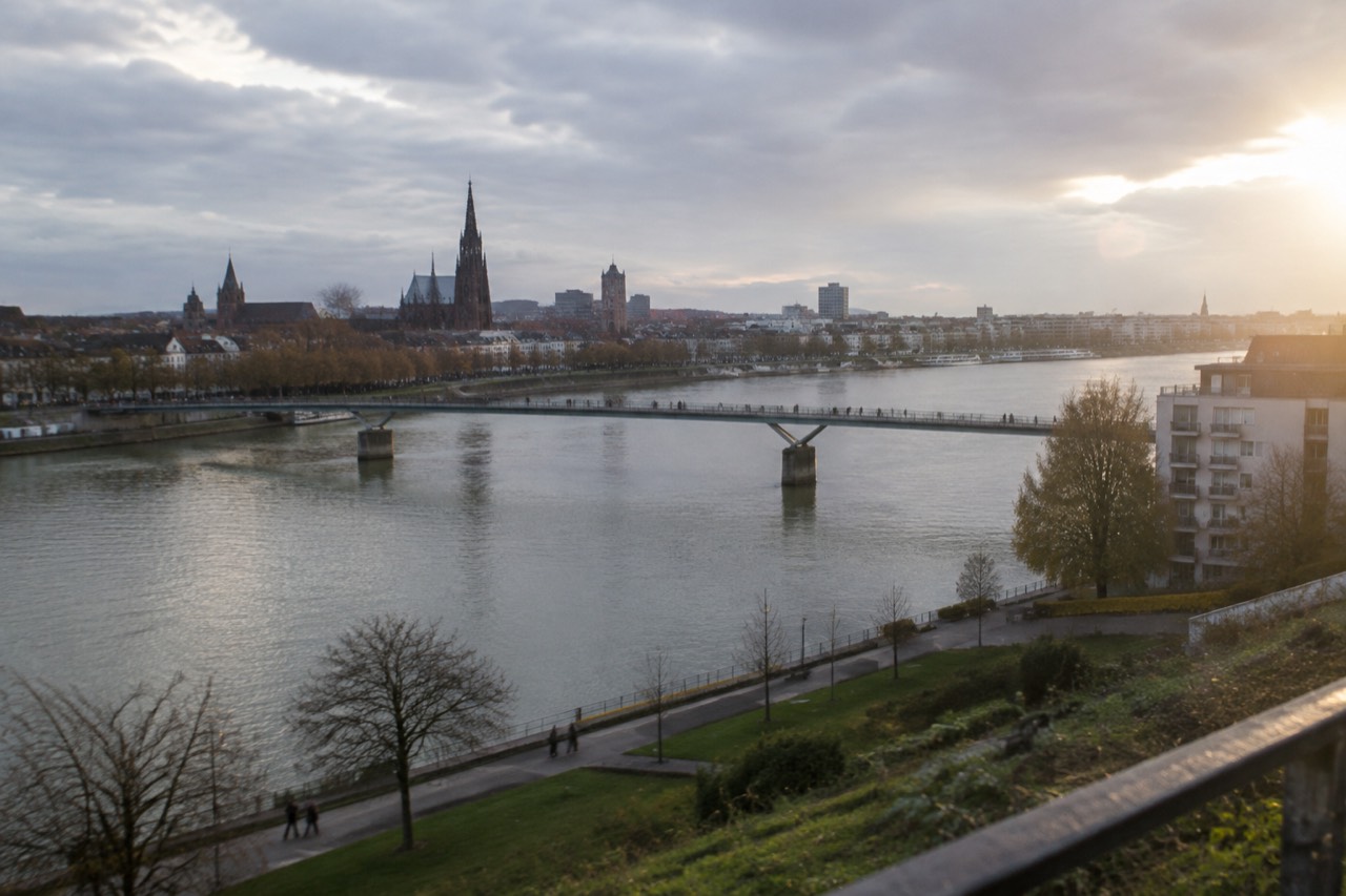 View across the Rhine from the German bank toward the Strasbourg skyline