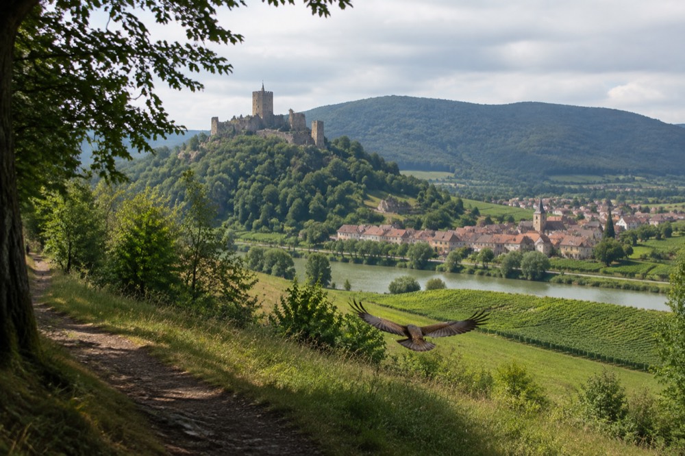 A wooded hillside path above Alsatian vineyards with the roofs of a small village in the valley