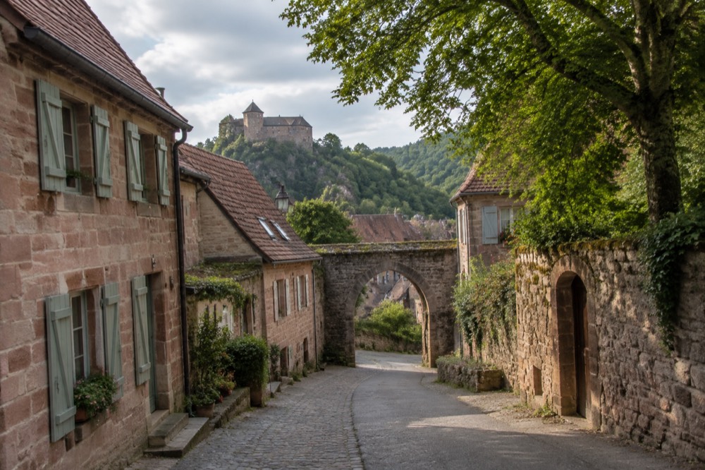 Narrow village lane in La Petite Pierre with sandstone houses and a stone archway under green trees