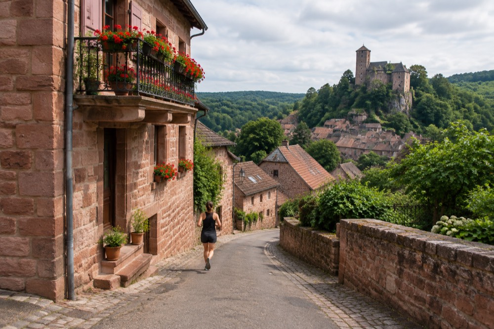 Red sandstone village house with geraniums on a balcony and a steep lane curving uphill