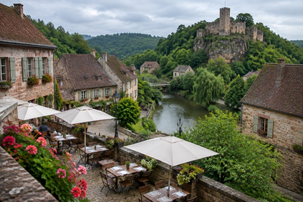 Rustic restaurant terrace in a sandstone village square with wooden tables set for lunch