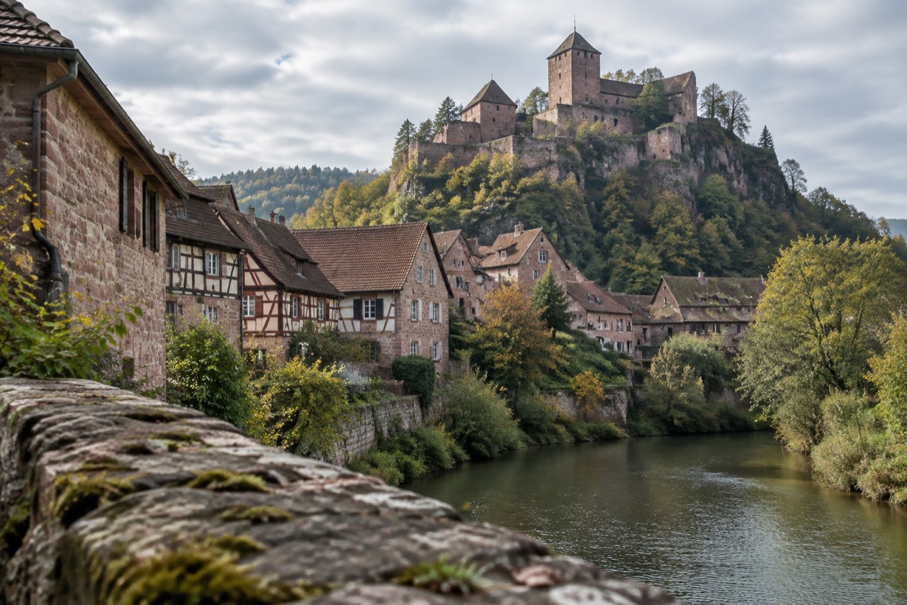 A small Alsatian village of sandstone and half-timbered houses clustered on a rocky outcrop among wooded hills